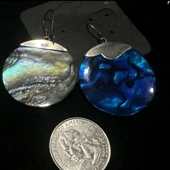 Artisan 925 Sterling Silver Abalone Blue Round Disk Shell Round Dangle Earrings - Picture 2 of 4